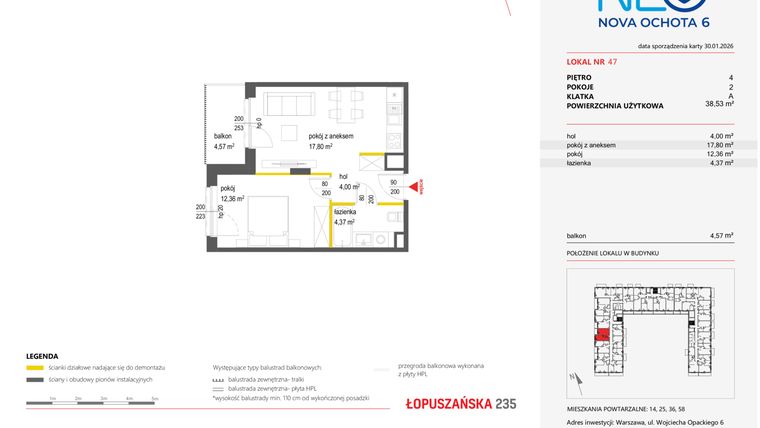 Rzut - Mieszkanie na sprzedaż 2 pokoje o powierzchni 38,53 m² - numer 47 w Neo Nova Ochota 6