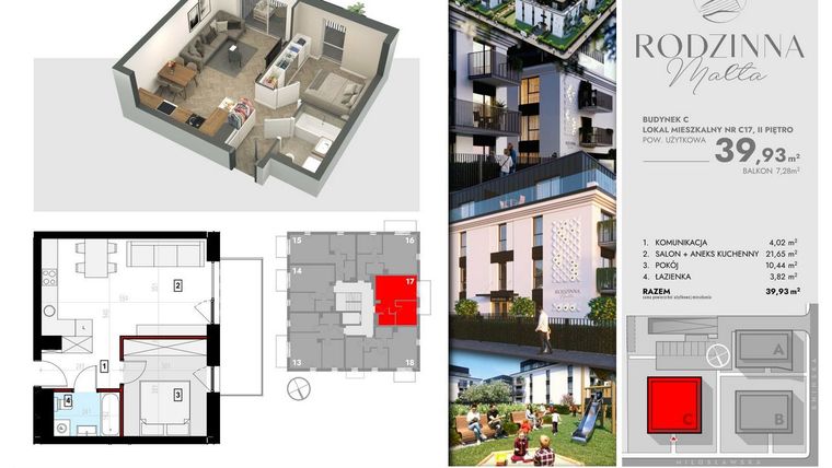 Rzut - Mieszkanie na sprzedaż 2 pokoje o powierzchni 39,93 m² - numer C17 w Rodzinna Malta