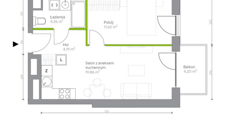 Rzut - Mieszkanie na sprzedaż 2 pokoje o powierzchni 39,93 m² - numer A.3.1 w Jesionowa Vita
