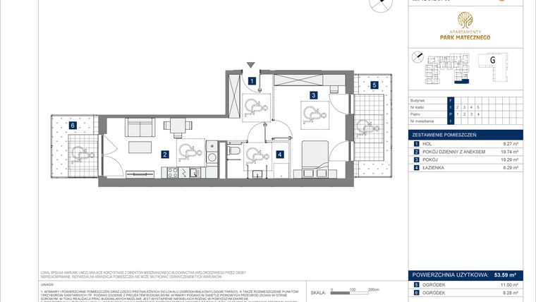 Rzut - Mieszkanie na sprzedaż 2 pokoje o powierzchni 53,59 m² - numer F-1 w Apartamenty Park Matecznego Etap 2