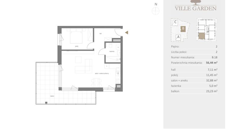 Rzut - Mieszkanie na sprzedaż 2 pokoje o powierzchni 56,44 m² - numer B.18 w Ville Garden