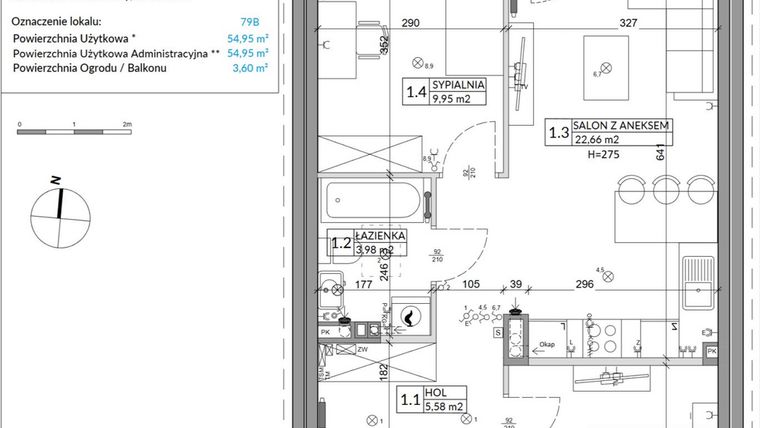 Rzut - Mieszkanie na sprzedaż 3 pokoje o powierzchni 54,95 m² - numer 79B w Osiedle Młodych etap VII