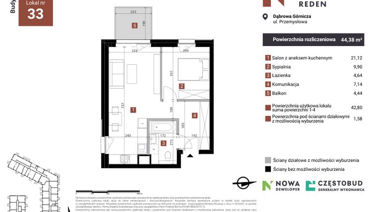 Rzut - Mieszkanie na sprzedaż 2 pokoje o powierzchni 44,38 m² - numer A33 w Nowy Reden