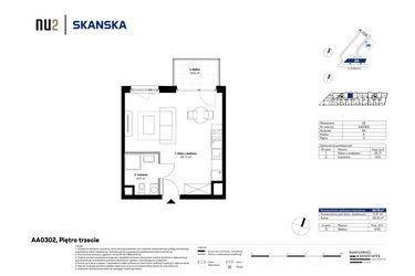 Rzut - Mieszkanie na sprzedaż 1 pokój o powierzchni 29,75 m² - numer AA0302 w NU2 Warszawa Wola - apartamenty wykończone pod klucz