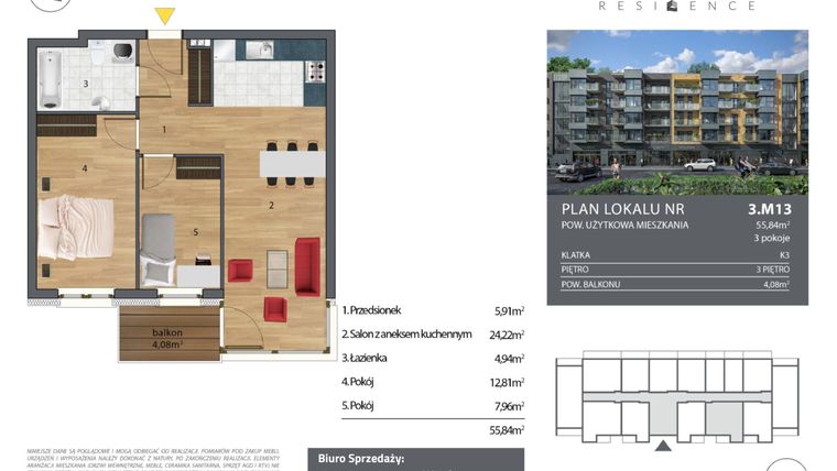 Rzut - Mieszkanie na sprzedaż 3 pokoje o powierzchni 52,42 m² - numer K3.3.M13 w Nyska Residence