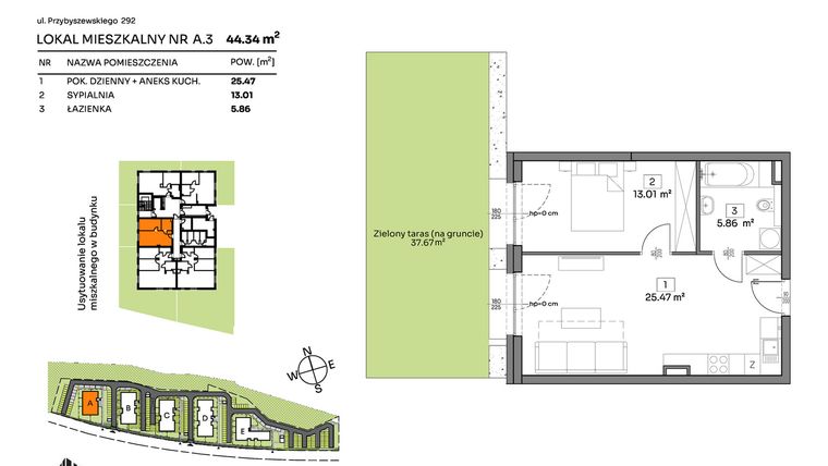 Rzut - Mieszkanie na sprzedaż 2 pokoje o powierzchni 44,34 m² - numer A.3 w Och!Widzew