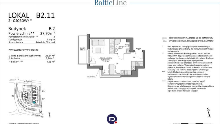 Rzut - Mieszkanie na sprzedaż 1 pokój o powierzchni 27,7 m² - numer B2.11 w Baltic Line