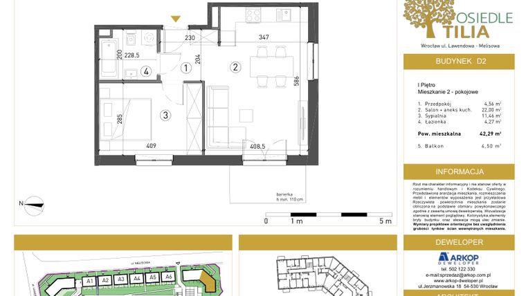 Rzut - Mieszkanie na sprzedaż 2 pokoje o powierzchni 42,29 m² - numer D2/1/8 w Osiedle Tilia