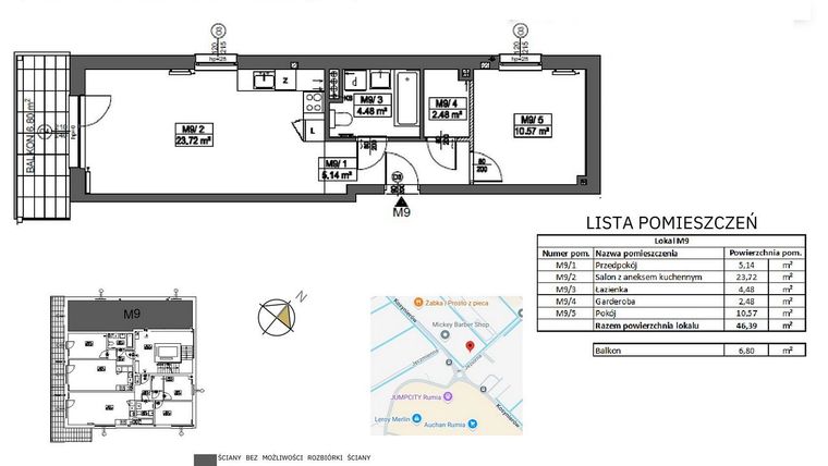 Rzut - Mieszkanie na sprzedaż 2 pokoje o powierzchni 46,39 m² - numer M9 w Jeziorna 1