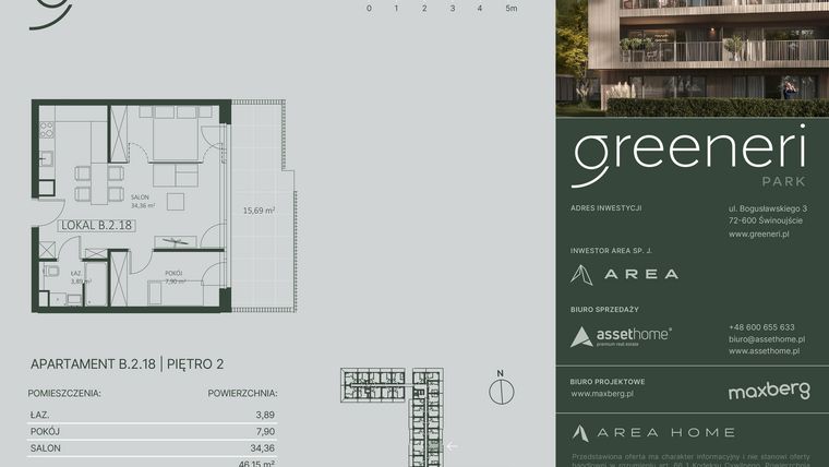 Rzut - Mieszkanie na sprzedaż 2 pokoje o powierzchni 46,15 m² - numer B.2.18 w Greeneri Park