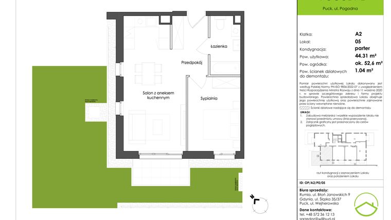 Rzut - Mieszkanie na sprzedaż 2 pokoje o powierzchni 44,31 m² - numer OP/A2/P0/05 w Osiedle Pogodne etap I
