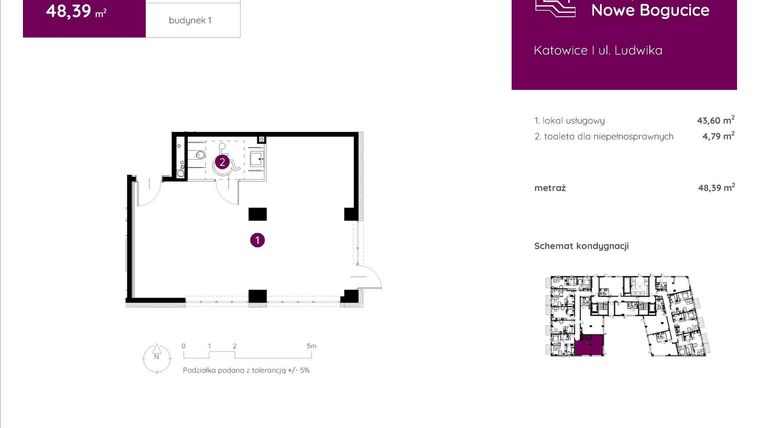 Rzut - Lokal użytkowy na sprzedaż 1 pokój o powierzchni 42,48 m² - numer 1.A.0.LU.02 w Murapol Nowe Bogucice