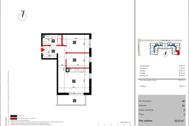 Rzut - Mieszkanie na sprzedaż 3 pokoje o powierzchni 52,27 m² - numer 45 w Mochtyńska 56