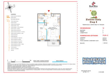 Rzut - Mieszkanie na sprzedaż 2 pokoje o powierzchni 37,4 m² - numer 14 w Zielone Sady etap III B2