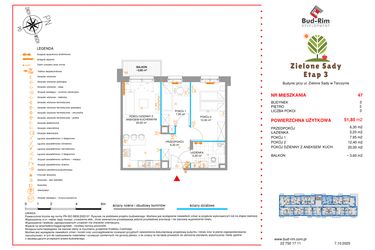 Rzut - Mieszkanie na sprzedaż 3 pokoje o powierzchni 51,85 m² - numer 47 w Zielone Sady etap III