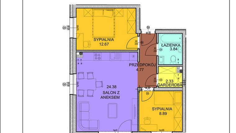 Rzut - Mieszkanie na sprzedaż 3 pokoje o powierzchni 56,88 m² - numer A2 w Osiedle Zuchów