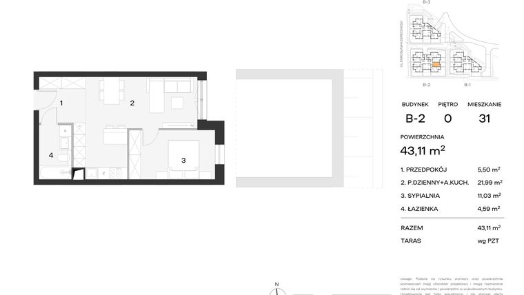 Rzut - Mieszkanie na sprzedaż 2 pokoje o powierzchni 43,11 m² - numer 31 w Koncertowa Dolina