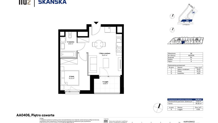 Rzut - Mieszkanie na sprzedaż 2 pokoje o powierzchni 34,69 m² - numer AA0406 w NU2 Warszawa Wola - apartamenty wykończone pod klucz