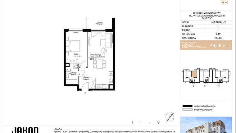 Rzut - Mieszkanie na sprzedaż 2 pokoje o powierzchni 49,66 m² - numer 1.A7 w Gombrowicza 33