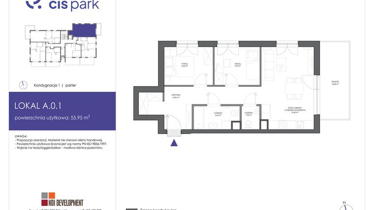 Rzut - Mieszkanie na sprzedaż 3 pokoje o powierzchni 55,95 m² - numer A.0.1 w CIS Park