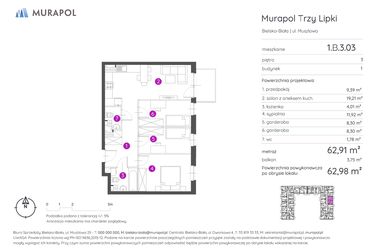 Rzut - Mieszkanie na sprzedaż 2 pokoje o powierzchni 62,98 m² - numer 1.B.3.03 w Murapol Trzy Lipki