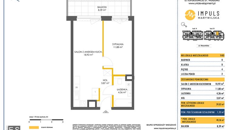 Rzut - Mieszkanie na sprzedaż 2 pokoje o powierzchni 39,03 m² - numer B/105 w Impuls Marywilska