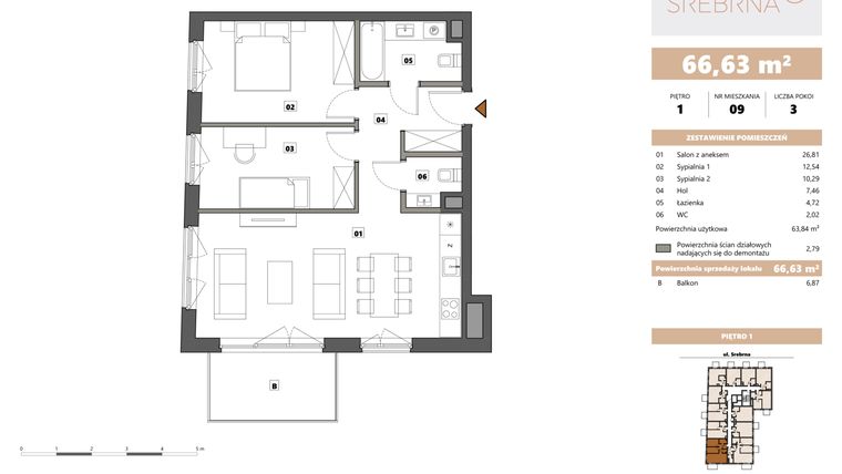 Rzut - Mieszkanie na sprzedaż 3 pokoje o powierzchni 66,63 m² - numer 9 w Srebrna 5