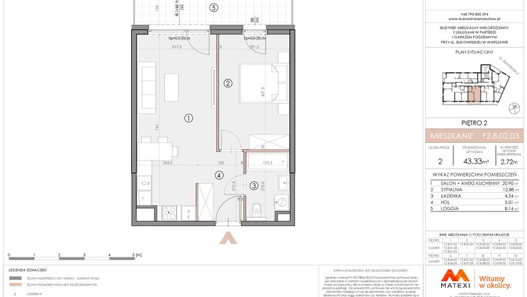 Rzut - Mieszkanie na sprzedaż 2 pokoje o powierzchni 43,3 m² - numer F2.B.02.03 w Bukowińska Mokotów etap 2