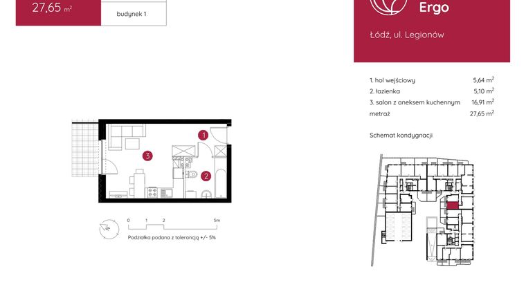 Rzut - Mieszkanie na sprzedaż 1 pokój o powierzchni 27,65 m² - numer 1.B.0.07 w Murapol Ergo