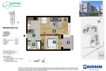 Rzut - Mieszkanie na sprzedaż 2 pokoje o powierzchni 46,03 m² - numer B53 w Kapelanka-Pychowicka Etap III
