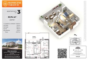 Rzut - Mieszkanie na sprzedaż 3 pokoje o powierzchni 51,74 m² - numer 3 w Słoneczne Tarasy II