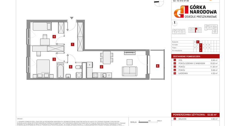Rzut - Mieszkanie na sprzedaż 3 pokoje o powierzchni 52,63 m² - numer GN_4_1_H_8 w Osiedle Górka Narodowa