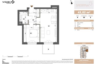 Rzut - Mieszkanie na sprzedaż 2 pokoje o powierzchni 45,02 m² - numer 53 w Srebrna 5