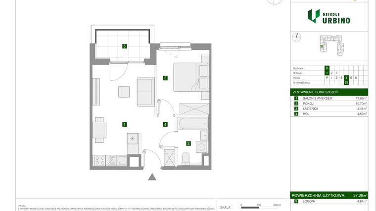 Rzut - Mieszkanie na sprzedaż 2 pokoje o powierzchni 37,36 m² - numer 35 w Osiedle Urbino etap 1.4