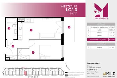 Rzut - Mieszkanie na sprzedaż 2 pokoje o powierzchni 41,27 m² - numer 1.C.1.3 w Maślice Wrocław Milo Dobry Deweloper etap IV