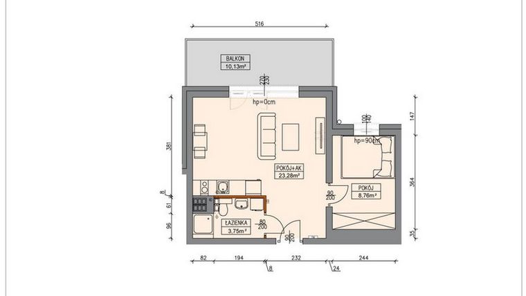 Rzut - Mieszkanie na sprzedaż 2 pokoje o powierzchni 35,59 m² - numer B3.3.24.2a w Stegna Park II