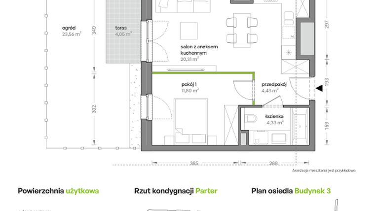 Rzut - Mieszkanie na sprzedaż 2 pokoje o powierzchni 40,87 m² - numer B3/A/03 w Ceglana Park