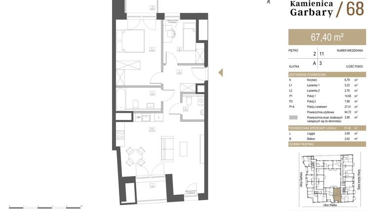 Rzut - Mieszkanie na sprzedaż 3 pokoje o powierzchni 67,4 m² - numer 11 w Garbary 68