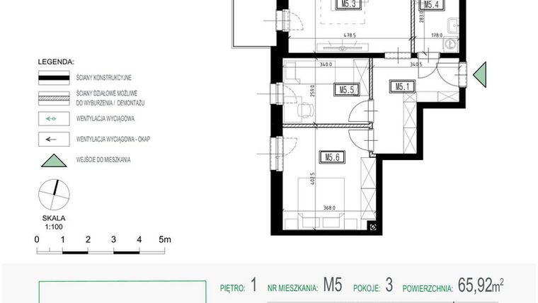 Rzut - Mieszkanie na sprzedaż 3 pokoje o powierzchni 65,92 m² - numer 5 w Kolarska Koncept