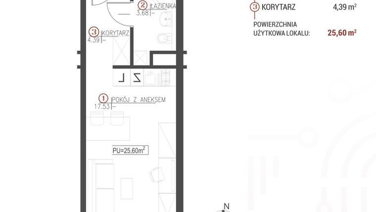 Rzut - Mieszkanie na sprzedaż 1 pokój o powierzchni 25,6 m² - numer 119 w Wróblewskiego 1