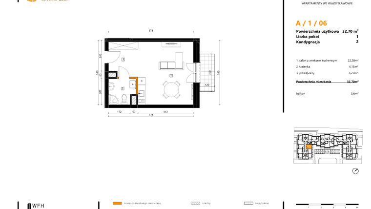 Rzut - Mieszkanie na sprzedaż 1 pokój o powierzchni 32,7 m² - numer A.1.06 w SPOT