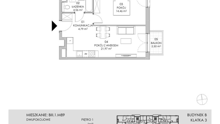 Rzut - Mieszkanie na sprzedaż 2 pokoje o powierzchni 45,78 m² - numer BIII.1.M89 w Przewóz 42 ATAL II