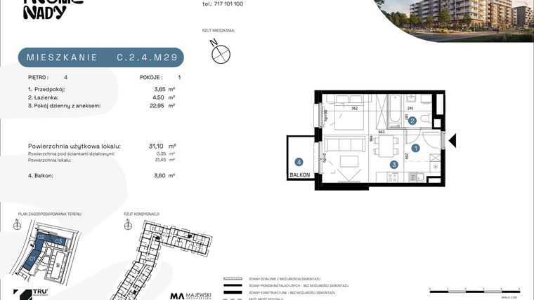 Rzut - Mieszkanie na sprzedaż 1 pokój o powierzchni 31,1 m² - numer C.2.4.M29 w Nowe Promenady etap II