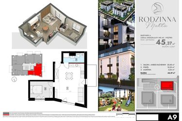 Rzut - Mieszkanie na sprzedaż 2 pokoje o powierzchni 45,83 m² - numer A9 w Rodzinna Malta