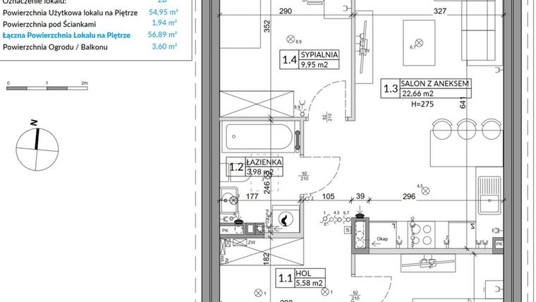 Rzut - Mieszkanie na sprzedaż 3 pokoje o powierzchni 56,89 m² - numer 2B w Osiedle Młodych