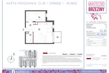 Rzut - Mieszkanie na sprzedaż 2 pokoje o powierzchni 49,36 m² - numer C1.20 w Miasteczko Brzeziny II