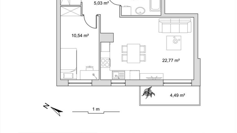 Rzut - Mieszkanie na sprzedaż 2 pokoje o powierzchni 45,36 m² - numer 6.4 w Vela Park bud. 6