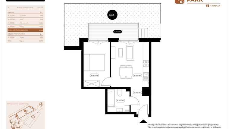 Rzut - Mieszkanie na sprzedaż 2 pokoje o powierzchni 36,44 m² - numer 0.06 w Białoprądnicka Park