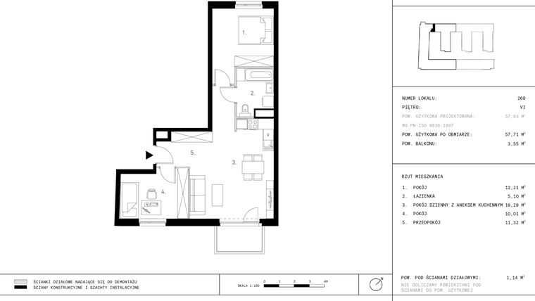 Rzut - Mieszkanie na sprzedaż 3 pokoje o powierzchni 57,71 m² - numer 6.A28-268 w Jurowiecka 22
