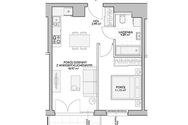 Rzut - Mieszkanie na sprzedaż 2 pokoje o powierzchni 40,15 m² - numer WO/P33/23 w Wiszące Ogrody